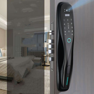 Smart Fingerprint Door Lock (Homestay). Modern design. Fingerprint, IC card, or key access. High security, long lifespan (-20°C to 50°C). Works on wood, anti-theft, steel & copper doors (check size). Includes IC cards & battery.