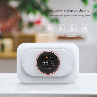 Graffiti Smart WiFi Thermostat Panel for Smartphone App Control, Precise Temperature & Energy Savings, Smartphone in hand adjusting temperature on a modern WiFi thermostat panel (Graffiti Smart), Close-up of Graffiti Smart WiFi Thermostat Panel showing clear display and buttons