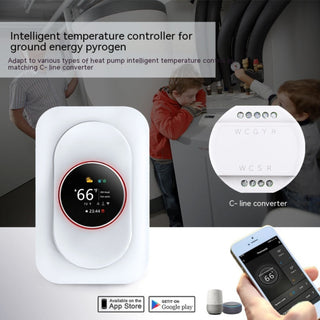 Graffiti Smart WiFi Thermostat Panel for Smartphone App Control, Precise Temperature & Energy Savings, Smartphone in hand adjusting temperature on a modern WiFi thermostat panel (Graffiti Smart), Close-up of Graffiti Smart WiFi Thermostat Panel showing clear display and buttons