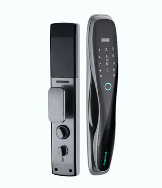 Smart Fingerprint Door Lock (Homestay). Modern design. Fingerprint, IC card, or key access. High security, long lifespan (-20°C to 50°C). Works on wood, anti-theft, steel & copper doors (check size). Includes IC cards & battery.