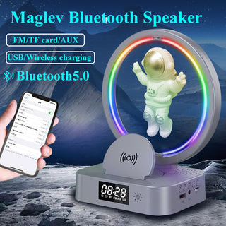 "A magnetic levitation Bluetooth speaker shaped like an astronaut, featuring RGB lighting and mini radio functionality. This speaker offers TWS (True Wireless Stereo) capability, outdoor wireless subwoofer, and supports TF cards, AUX, and USB connections."