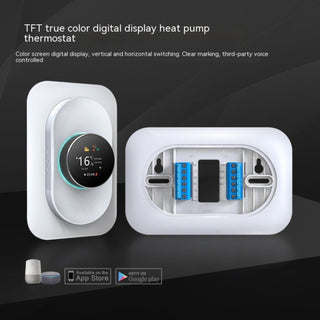 Graffiti Smart WiFi Thermostat Panel for Smartphone App Control, Precise Temperature & Energy Savings, Smartphone in hand adjusting temperature on a modern WiFi thermostat panel (Graffiti Smart), Close-up of Graffiti Smart WiFi Thermostat Panel showing clear display and buttons